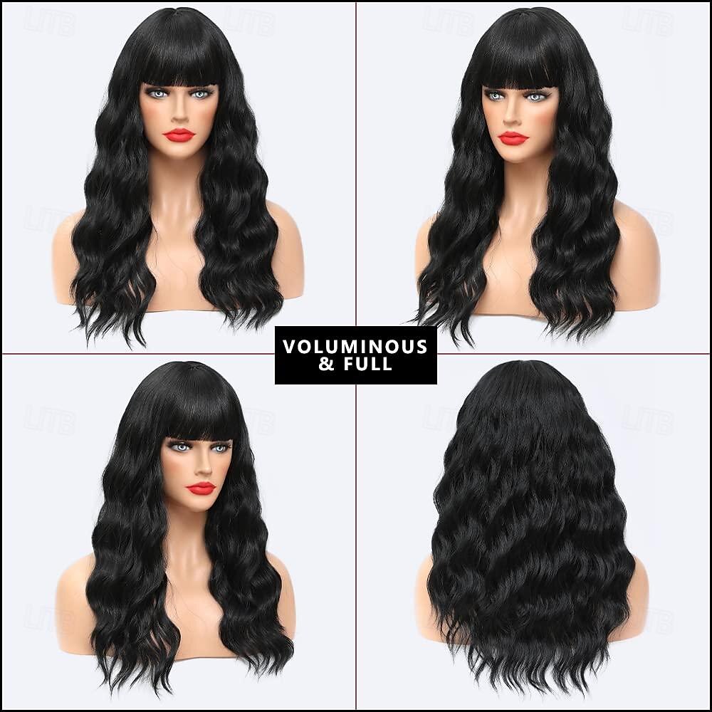 parrucche nere per le donne parrucche di capelli ricci ondulati lunghi da 18 pollici con frangia parrucche sintetiche di ricambio parrucca in fibra resistente al calore costume da festa del 2025 a $19.99 –P7