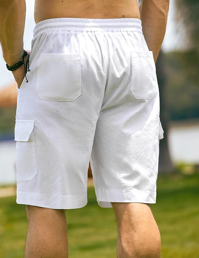 Voor heren Korte broek Linnen korte broek Zomer korte broeken Strandshorts Trekkoord Elastische taille Meerdere zakken Effen Knielengte Feest Strand Hawaii Casual Wit Khaki Inelastisch 2025 - $20.99 –P3