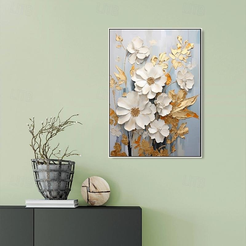 handmålad texturerat guld blomma oljemålning väggkonst abstrakt vit blomma målning på duk minimalistisk modern blommig oljemålning för vardagsrum målning elegant väggdekor fancy väggkonst 2025 - $116.99 –P13