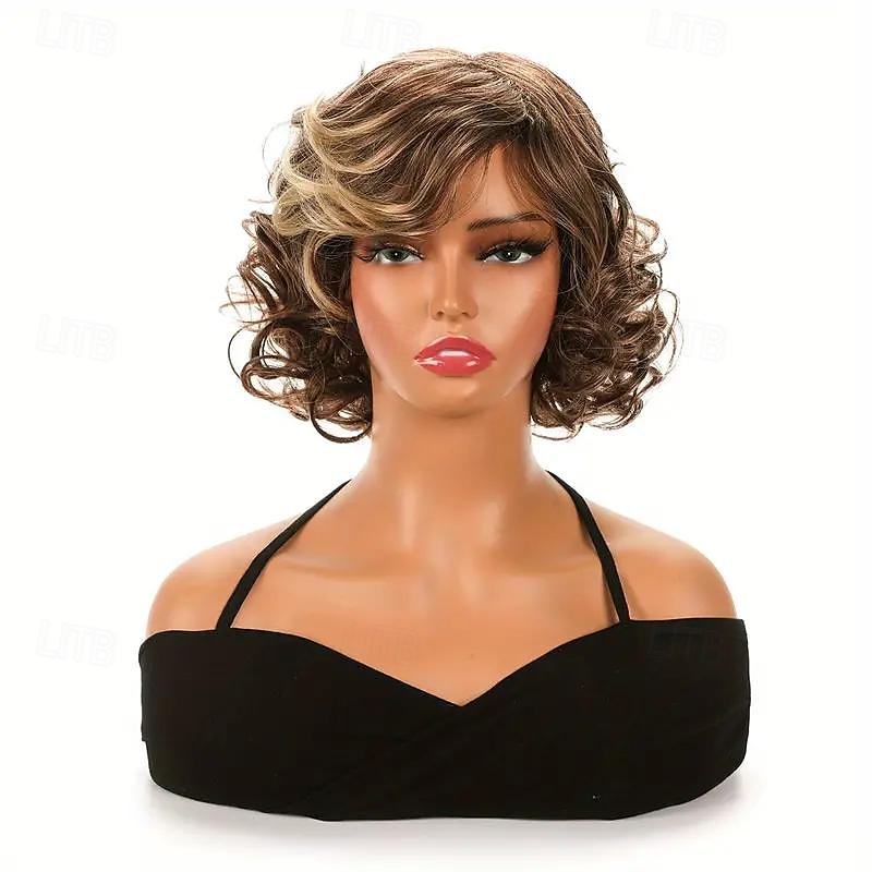 evidenziazione marrone shor bob parrucche per capelli ricci per le donne parrucche sintetiche resistenti al calore per la festa quotidiana uso di halloween capelli sintetici biondo dorato del 2025 a $19.99 –P2