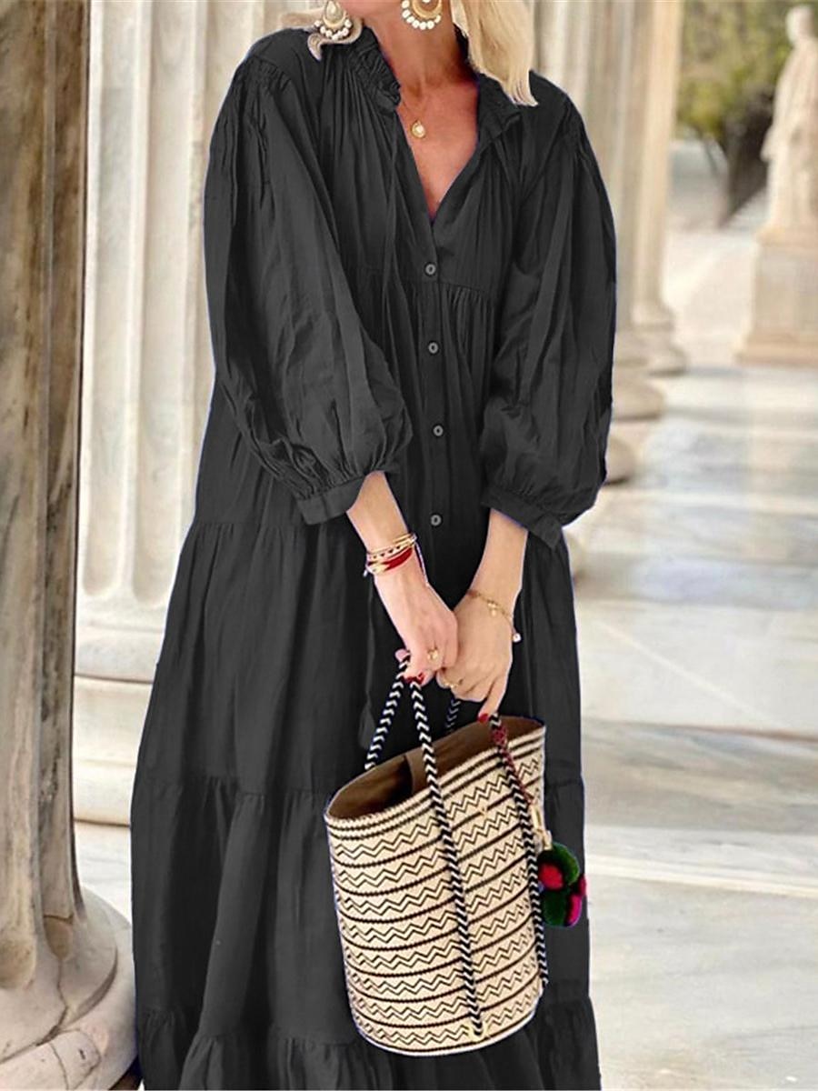 Pentru femei Negru Albastru piscină Vară Primăvară Rochie Maxi Rochii de in bumbac Rochie neagra Rochii Tip Cămașă Boemia Zilnic Sfârșit de săptămână Potrivire Largă Simplu Guler Cămașă 2025 - $32.99 –P3