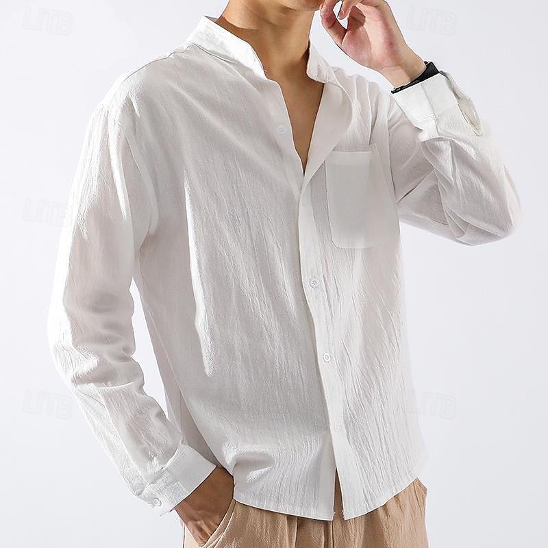 Per uomo Camicia in cotone e lino Camicia con colletto cinese Camicia con colletto alla coreana Semplice Vacanza Nero Bianco Verde militare Manica Lunga Colletto alla coreana Abbigliamento Tasca del 2025 a $25.99 –P2