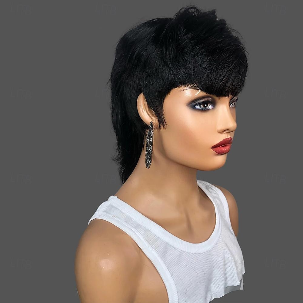 Perucas curtas de cabelo humano brasileiro remy, corte pixie, sem cola, usam e vão completas, feitas à máquina, retas com franja de 2025 por $87.99 –P3