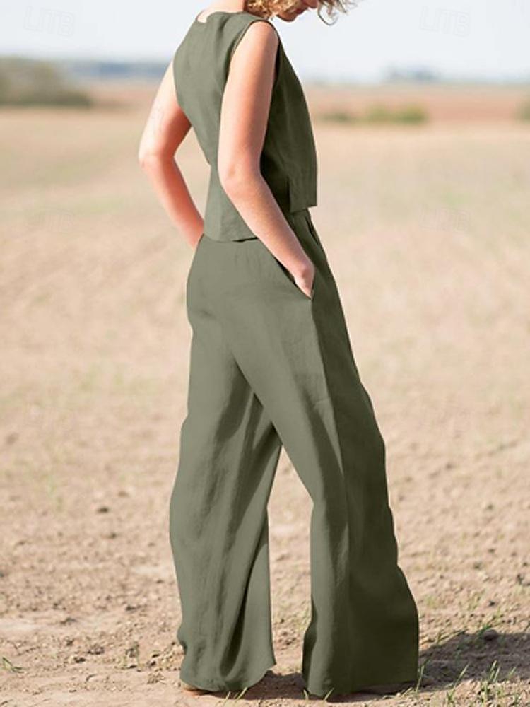 Tanktop Baumwoll-Leinen-Hemden Set Damen Armeegrün Marineblau Khaki Einfach 2 teilig Weites Bein Straße Täglich Mode Rundhals Normale Passform M 2025 - $35.99 –P4