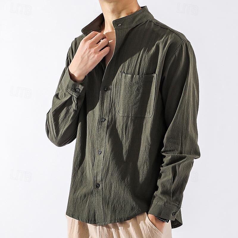 Per uomo Camicia in cotone e lino Camicia con colletto cinese Camicia con colletto alla coreana Semplice Vacanza Nero Bianco Verde militare Manica Lunga Colletto alla coreana Abbigliamento Tasca del 2025 a $25.99 –P10
