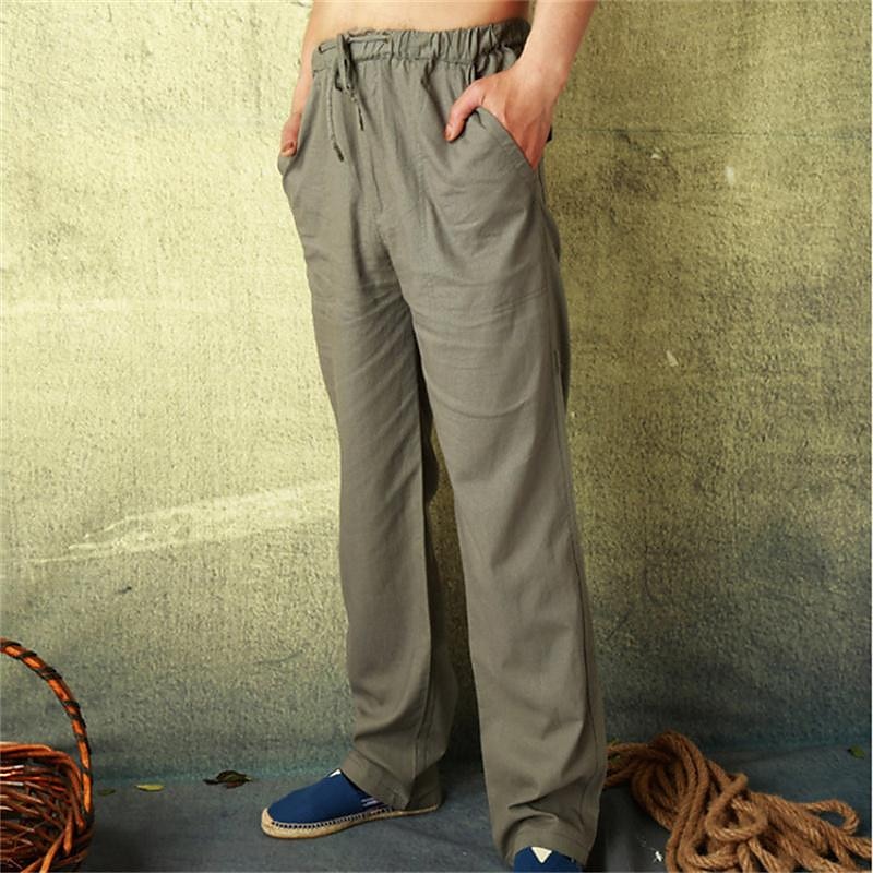 Men's Linen Pants Trousers Summer Pants Beach Pants Pocket Drawstring Elastic Waist Plain Comfort Breathable Vacation Daily Holiday Hawaiian Boho ArmyGreen Black 2025 - $21.99 –P8