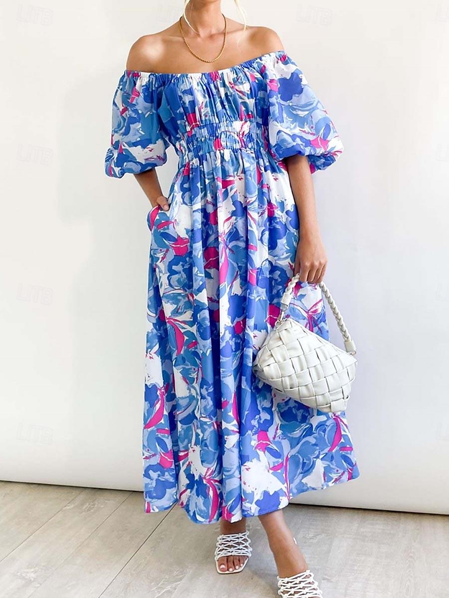 Pentru femei Rochie Lunga Rochie Maxi Rochie casual Rochie leagăn Rochie A line Rochie de vară Stilat Vacanță Zilnic Dată Fit regulat Floral Manșon Jumate De Pe Umăr Roșu-aprins Albastru piscin 2025 - $40.99 –P12