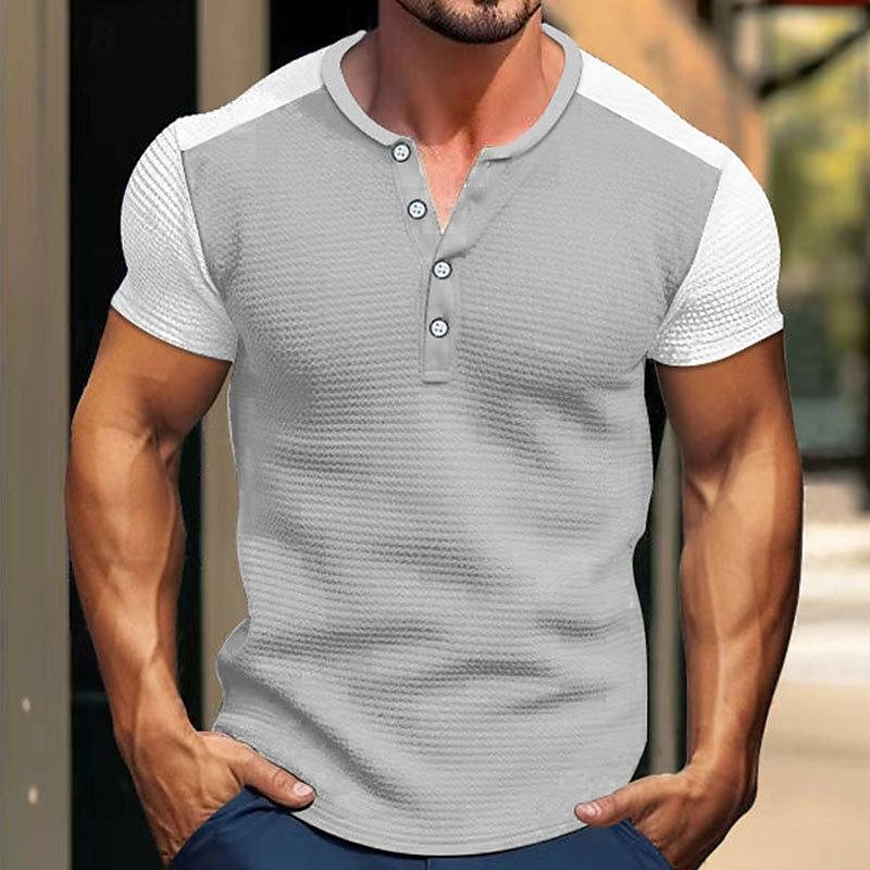 Men's Waffle Tee Button T Shirt T Shirt Waffle Henley Shirt Short Sleeve Henley Spring & Summer Color Block Fashion Designer Basic Patchwork Vacation Street Going out Black White Royal Blue Top Tee 2025 - $20.99 –P1
