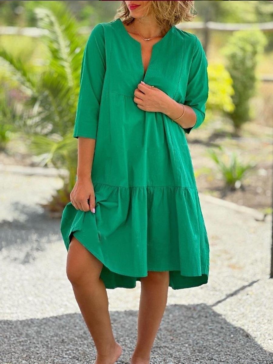 Femmes Noir Bleu Orange Été Printemps Robe Midi Robes inspirées du lin Robe en coton et lin Robe trapèze Occasionnel Vacances Coupe Ample Uni Col fendu de 2025 ? $32.99 –P3