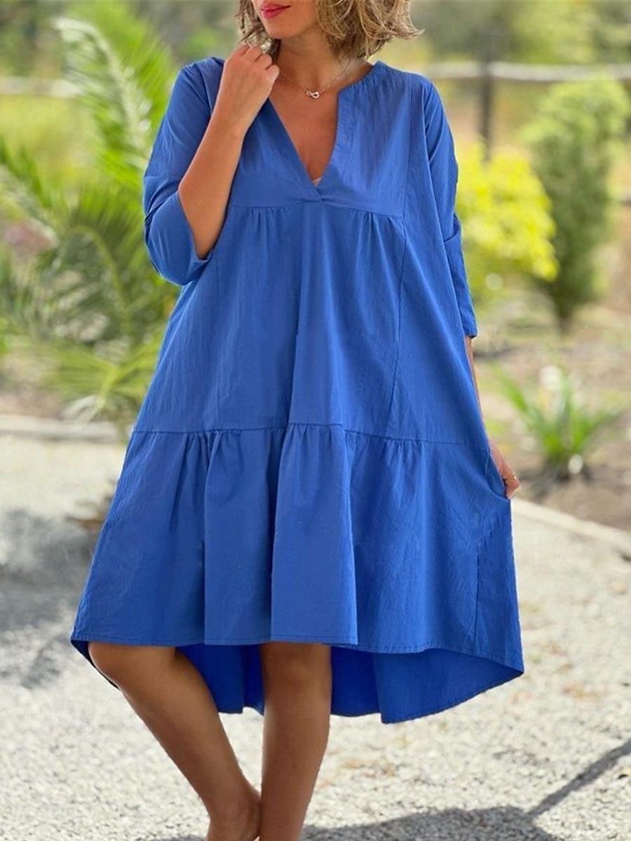 Femmes Noir Bleu Orange Été Printemps Robe Midi Robes inspirées du lin Robe en coton et lin Robe trapèze Occasionnel Vacances Coupe Ample Uni Col fendu de 2025 ? $32.99 –P7