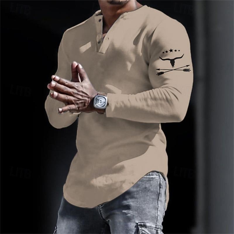 Herr Grafisk Cowboy Henleytröja Långärmad 3D-tryck Mode Dagligen Ledigt Ledigt Helgdag Utekväll Vår & Höst Svart Vit Gul Grå Henley Henley T-shirt 2025 - $26.99 –P4