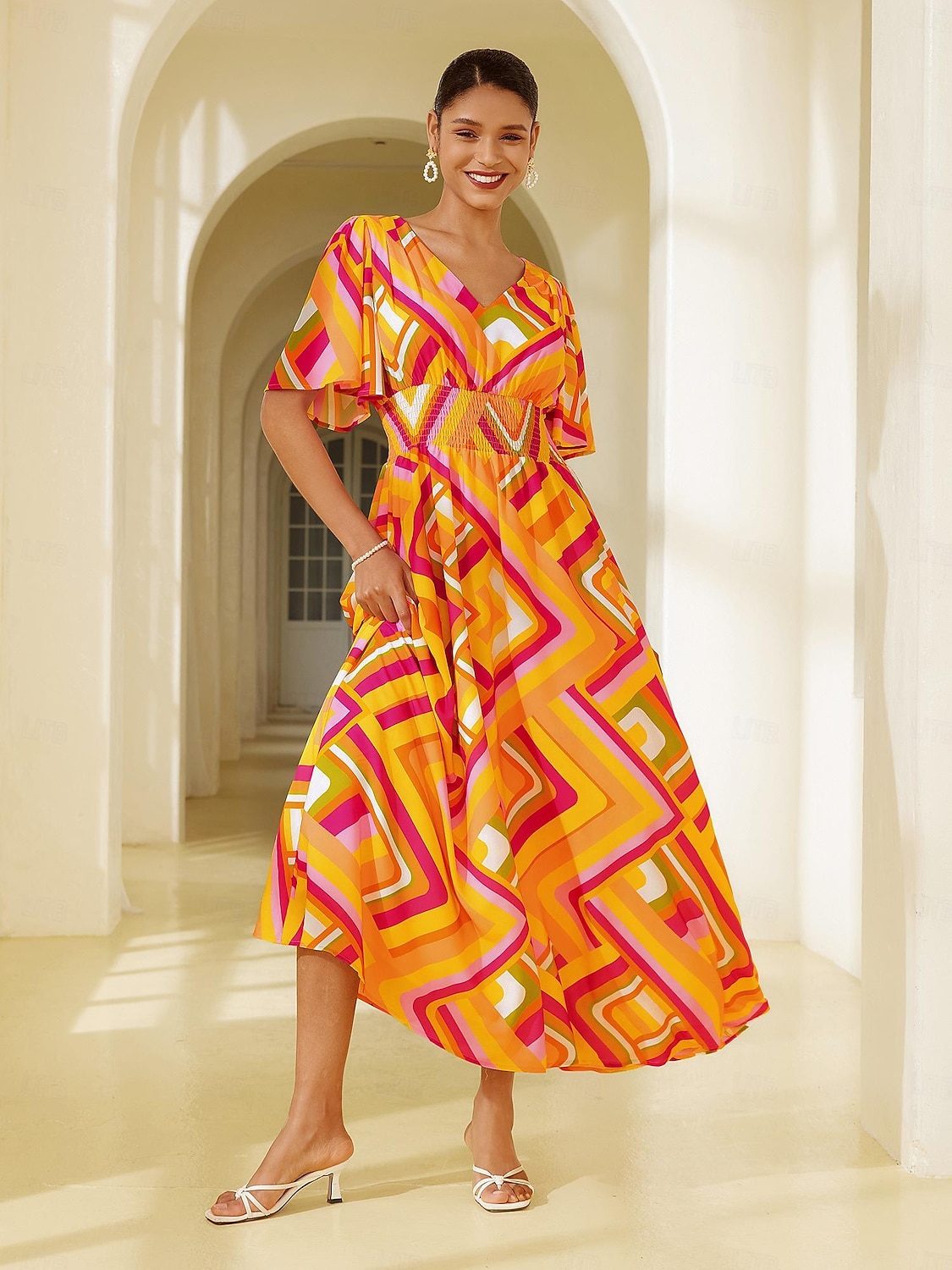 Damskie Sukienki szyfonowe Sukienka maxi Pomarańczowy Krótki rękaw Geometryczny Drukowanie Wiosna i lato W serek Sukienka wzór S M L 2025 - $131.99 –P7