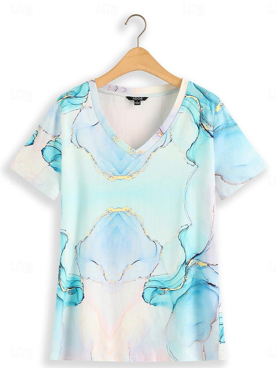 Women's T Shirt Marble Print Short Sleeve Round Neck Regular Tops Casual Daily Print Sky Blue All Seasons 2025 - $38.99 –P5
