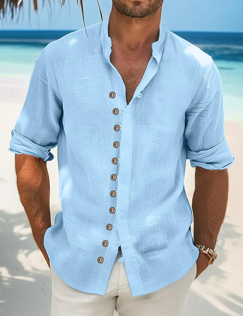 Per uomo Camicia camicia di lino Camicia estiva Abbigliamento mare Maglietta informale Camicia con bottoni Liscio Da mare Curise Nero Bianco Verde chiaro Rosa Manica lunga Colletto alla coreana del 2025 a $23.99 –P1
