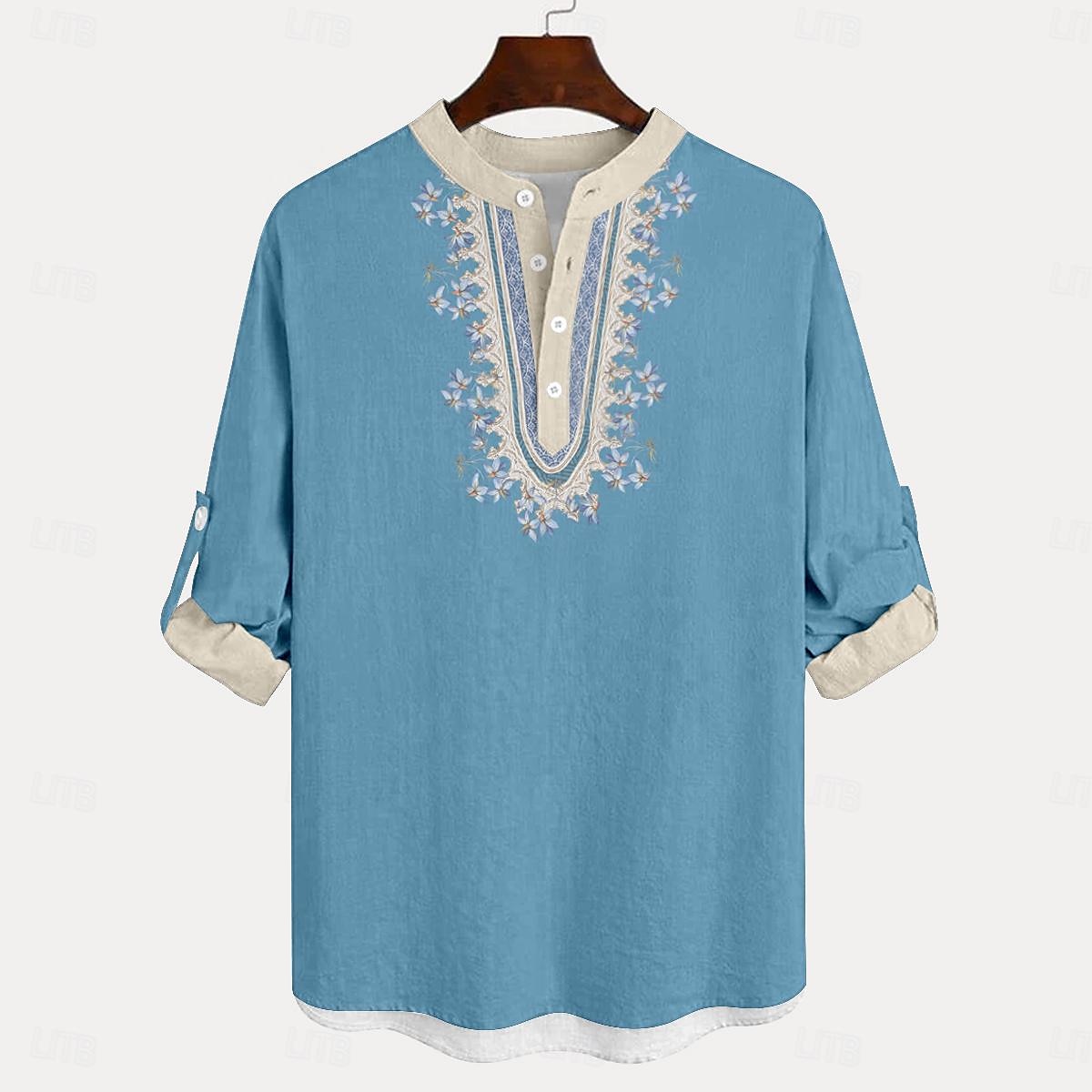 Voor heren Overhemd linnen overhemd Overhemd met knopen Lange mouw Mode-casual Vakantie Causaal Casual Zomer Lente & Herfst Opstaand Knop Afdrukken Licht Blauw Rood blauw Groen 2025 - $24.99 –P5