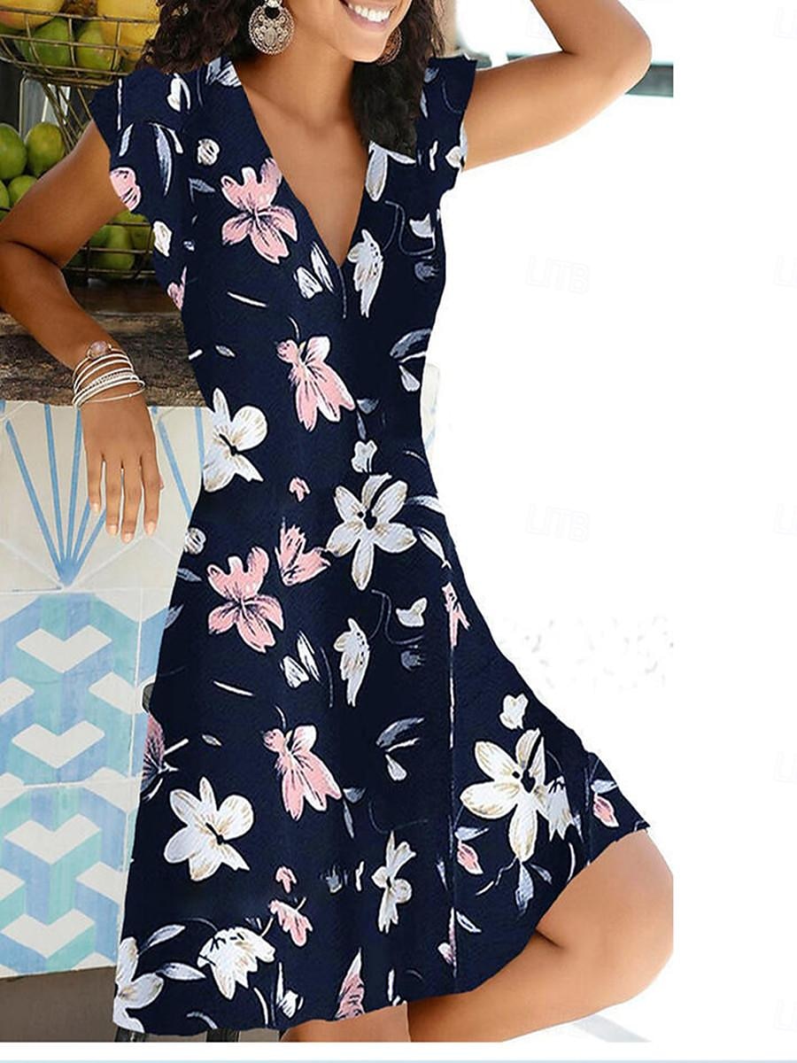 Naisten Mini mekko A linjainen mekko Vapaa-aika Leveät hihat Loma Päivittäin Normaali Kukka Kuvitettu Lyhythihainen V kaula-aukko Rubiini Sininen Kesä Kevät Syksy 2025 - $39.99 –P1