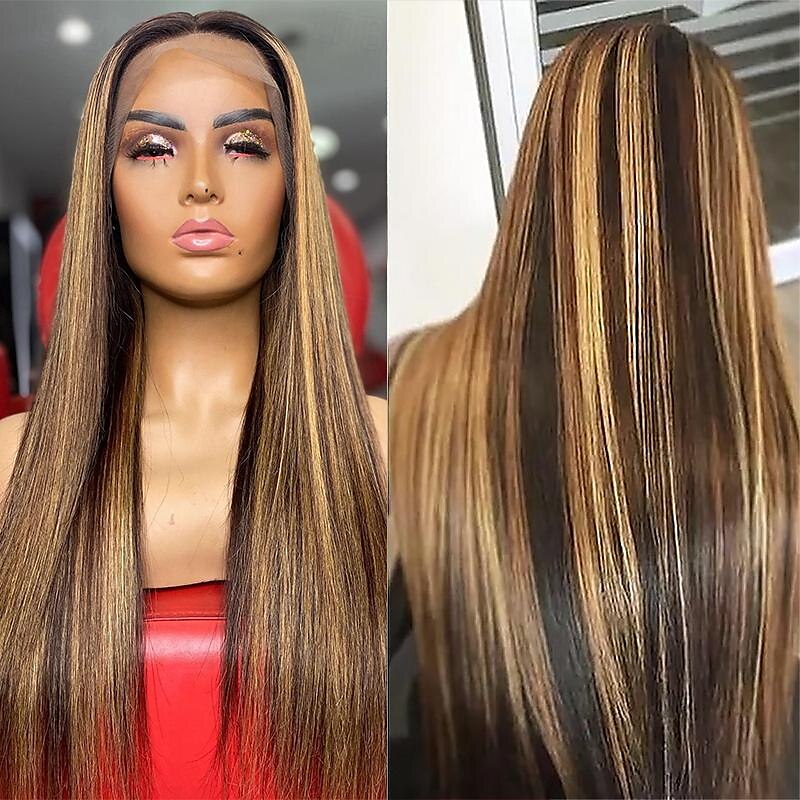 Parrucche anteriori in pizzo ombre 13x4 evidenziate diritte per le donne p4 / 27 parrucche frontali in pizzo biondo miele con capelli umani con capelli del bambino del 2025 a $237.79 –P2
