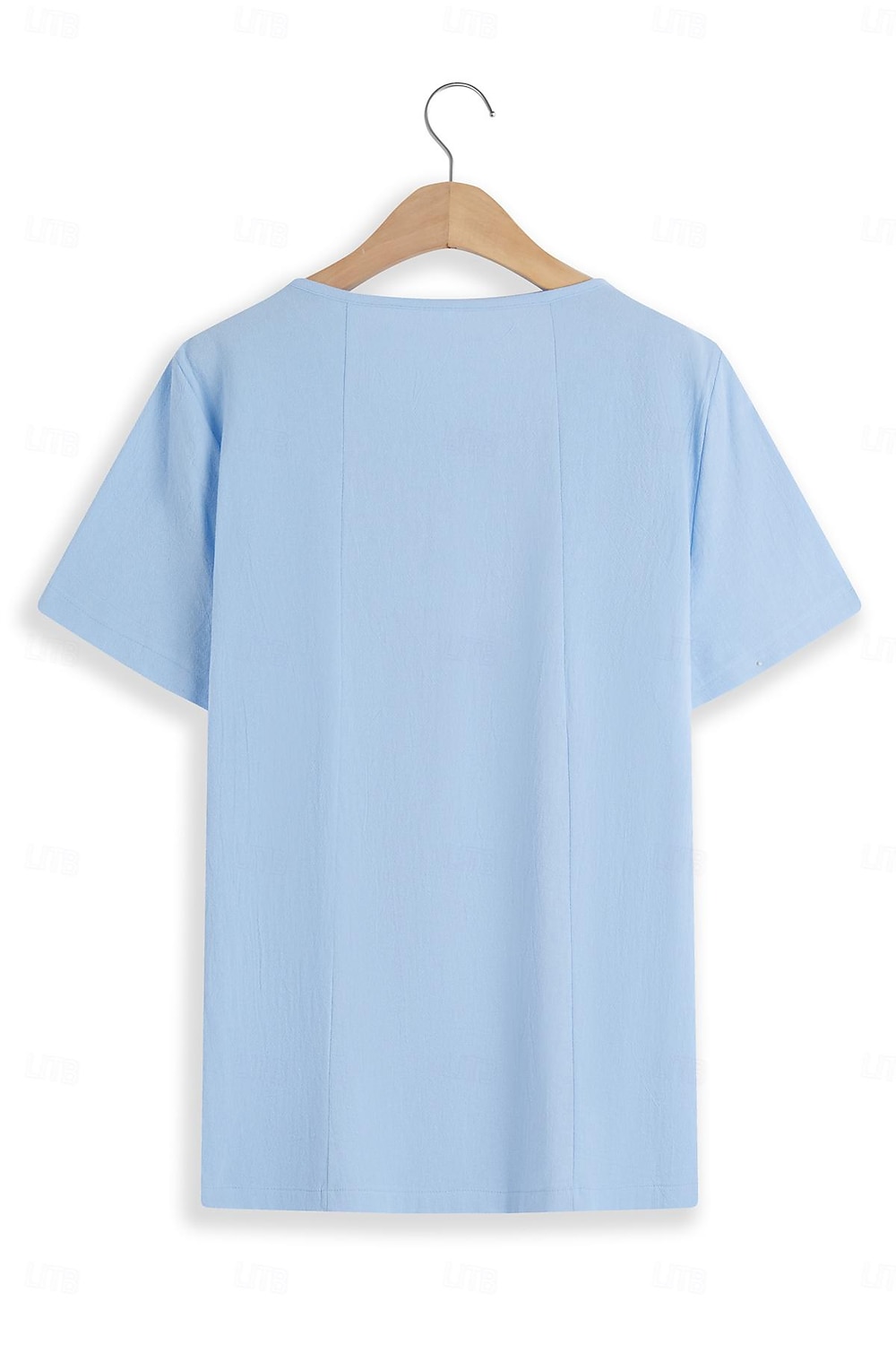 Camicia da donna 100% Cotone Camicia Blusa Stampa a bottoni Weekend Streetwear Di base Casual Simile lino Manica corta Collo tondo Bianco Estate Primavera del 2025 a $22.99 –P11