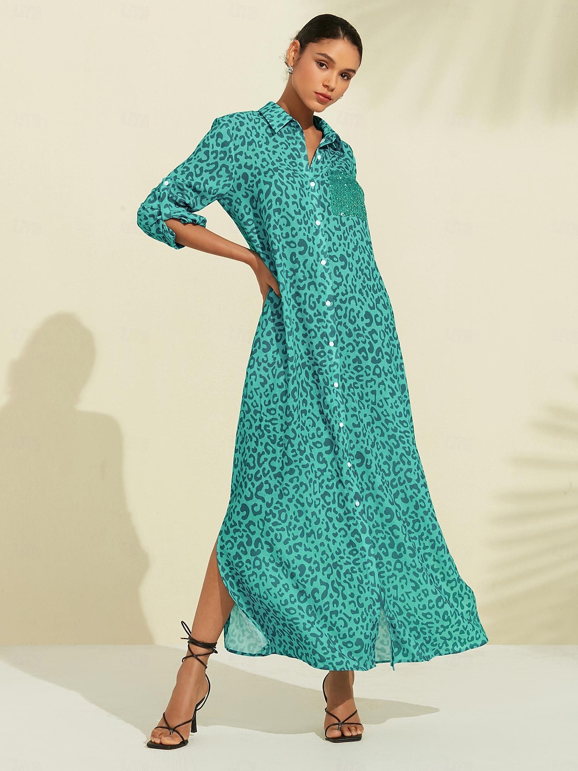 Sequin Leopard Print Maxi Shirt Dress 2024 - $52.99 –P4