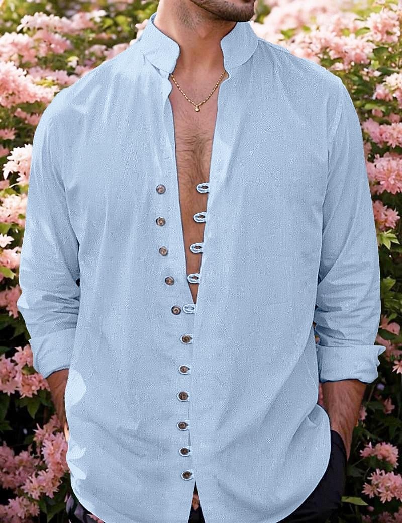 Herren Hemd Leinenhemd Sommerhemd Strandbekleidung Knopfhemd Einfarbig Täglich Strand Schwarz Rosa Khaki Dunkelgrau Langarm Sommer Bekleidung 2026 - $25.99 –P9