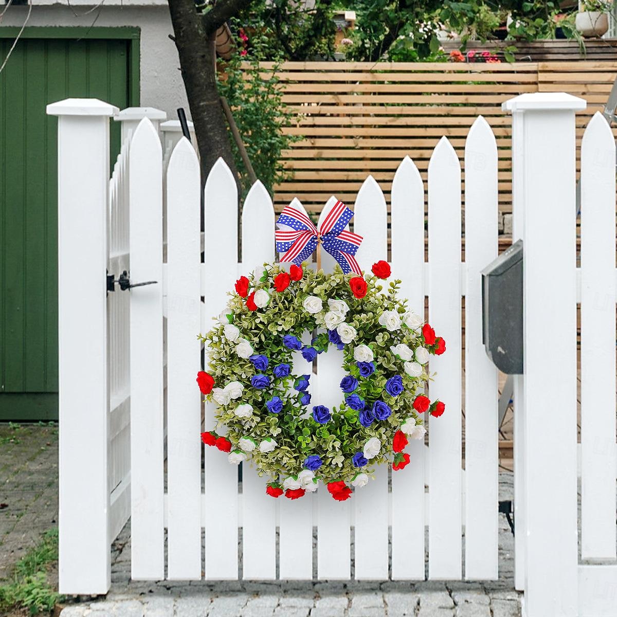 Patriotic Wreath for Front Door 4th of July Independence Day Red White and Blue Decoration, Faux Floral Grapevine Ring with American Flag Elements, Wholesale Party Decor for Porch or Wall 2025 - $37.99 –P6
