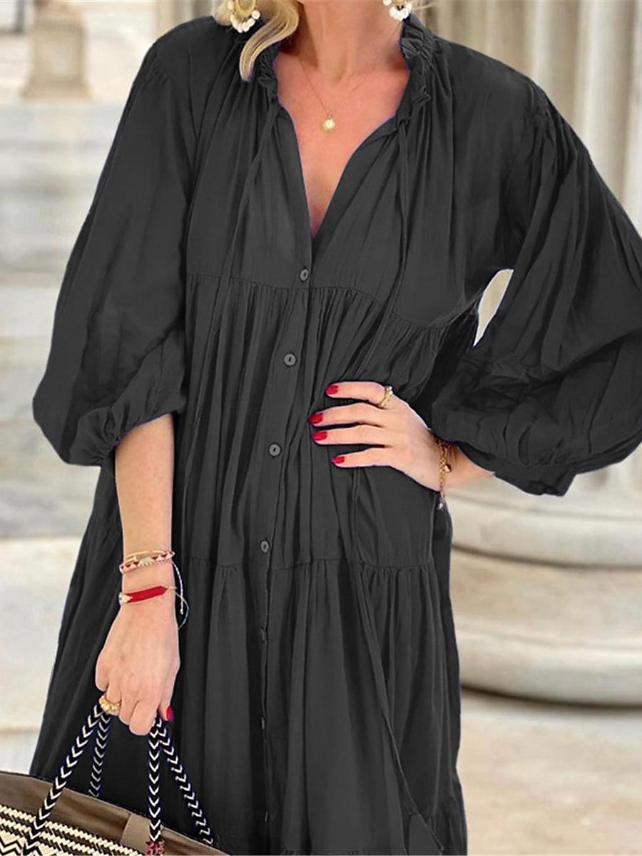 Pentru femei Negru Albastru piscină Vară Primăvară Rochie Maxi Rochii de in bumbac Rochie neagra Rochii Tip Cămașă Boemia Zilnic Sfârșit de săptămână Potrivire Largă Simplu Guler Cămașă 2025 - $32.99 –P1