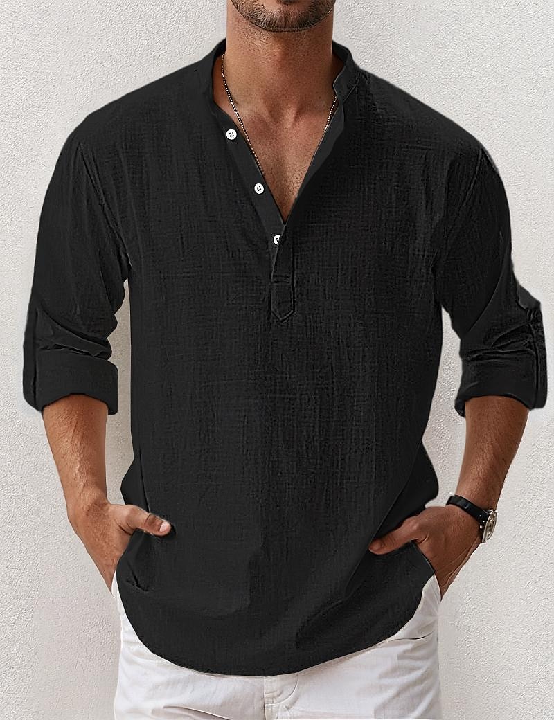 Voor heren Linnen overhemd Popover-shirt Zomer overhemd Strand Kleding Normaal shirt Overhemd met bandkraag Effen Vakantie Hawaii Zwart Wit Blozend Roze blauw Lange mouw Henley Lente zomer Kleding 2026 - $25.99 –P16