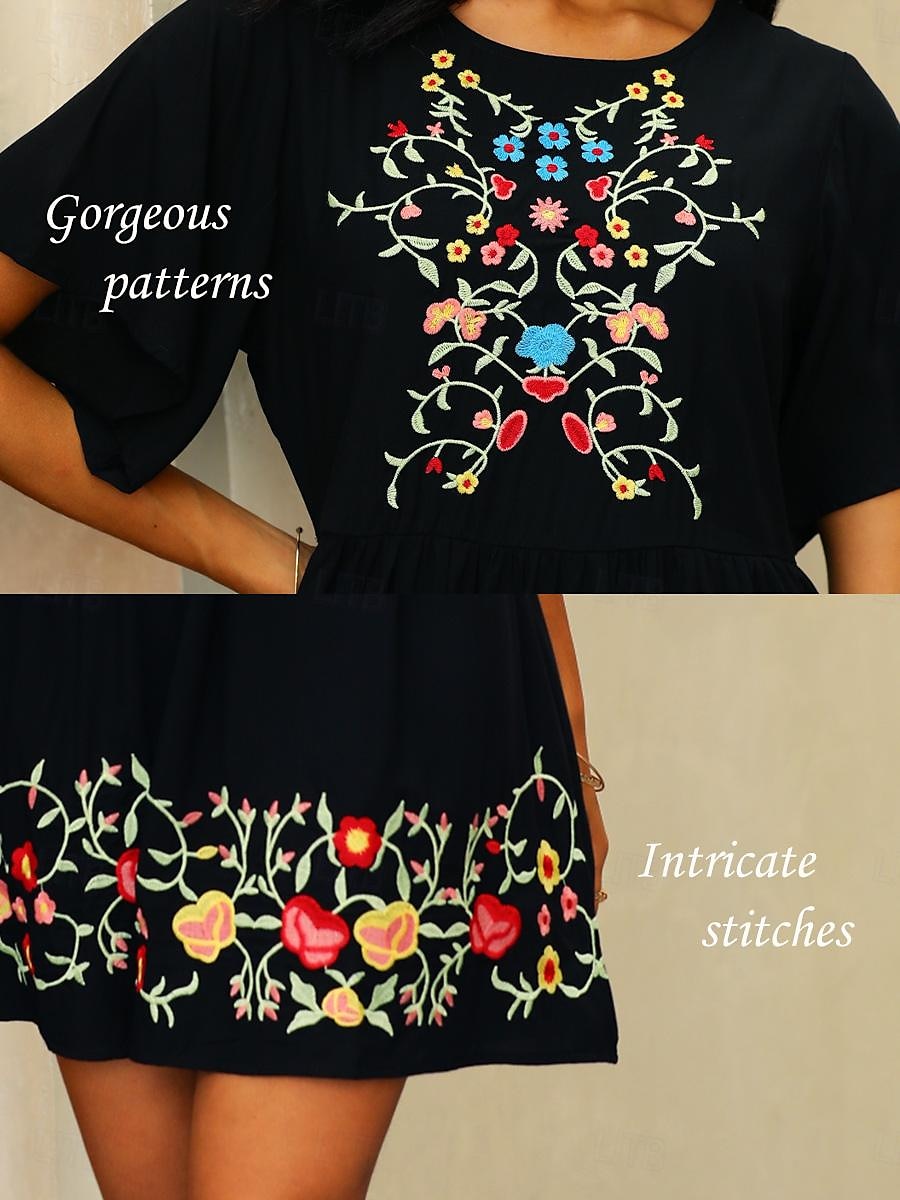 Women's Embroidered Black Dress Mini Dress Floral Crew Neck Short Sleeve Summer Spring Black 2024 - $45.99 –P3