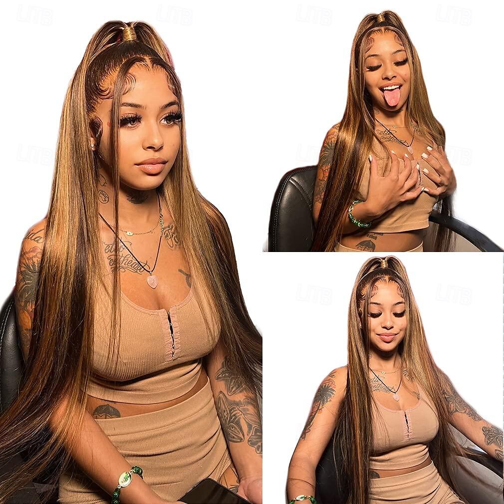P4/27 Highlight Wigs Pre Plucked Highlight Ombre Lace Front Wig Human Hair Omber P4/27 Hair Wig with Natural Hairline 13X4 HD Transparent Straight Lace Frontal Wigs For Women Brazilian Remy Hair Wig 2025 - $131.99 –P9