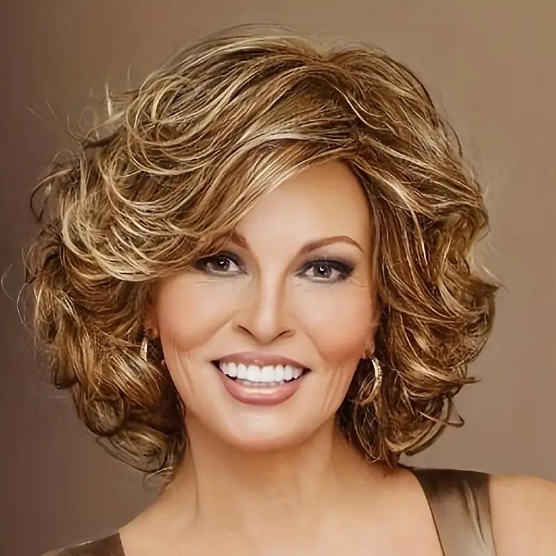 evidenziazione marrone shor bob parrucche per capelli ricci per le donne parrucche sintetiche resistenti al calore per la festa quotidiana uso di halloween capelli sintetici biondo dorato del 2025 a $19.99 –P1