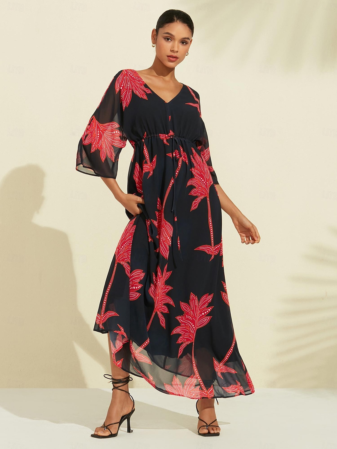 Per donna Abito Stampato Abito maxi Nero Manica 3/4 Foglia Stampa Fiori / Piante Stampa Primavera & Estate Scollo a V Spiaggia S M L del 2025 a $141.99 –P1