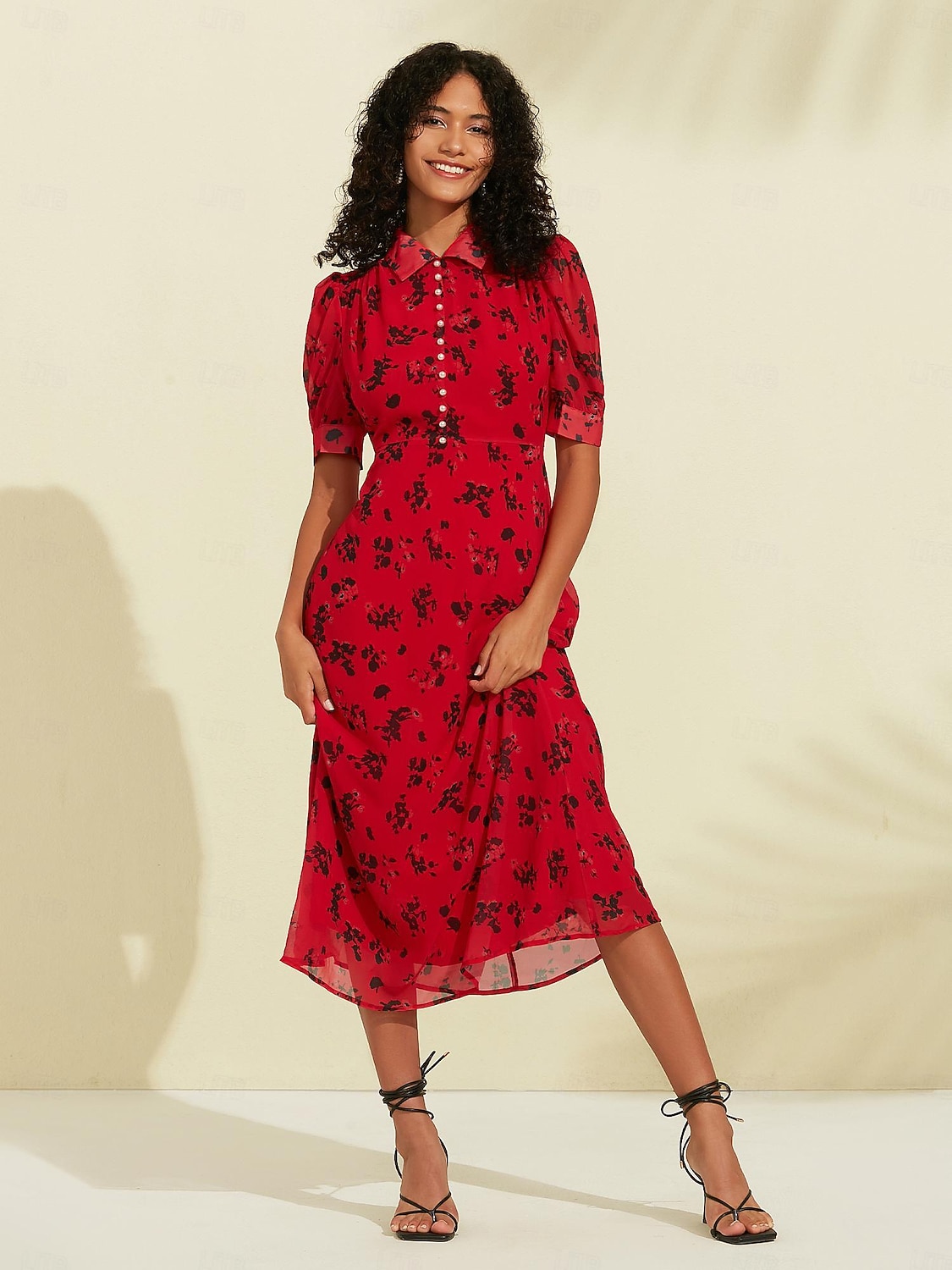 Abito midi in chiffon con maniche a sbuffo e stampa floreale del 2026 a $148.99 –P1