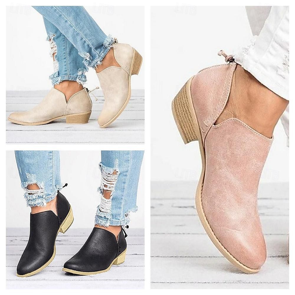Botines de tacón bajo de piel sintética de color rosa para mujer: botines sin cordones de estilo occidental para uso informal y diario 2025 - $34.99 –P4