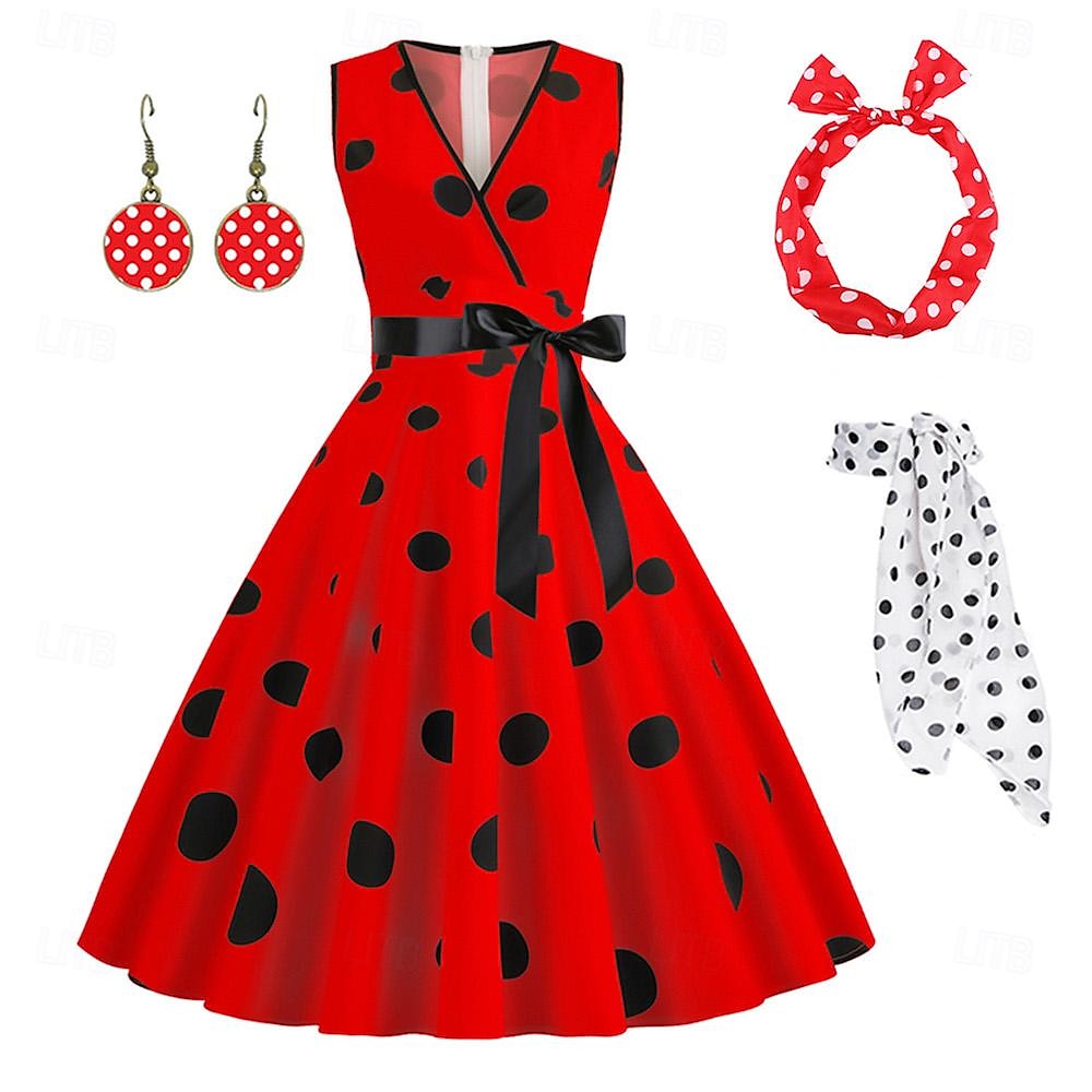 robe rockabilly femme a-ligne à pois robe swing robe évasée avec accessoires ensemble années 1950 années 60 rétro vintage avec bandeau foulard en mousseline de soie boucles d'oreilles lunettes oeil de 2025 ? $32.99 –P11