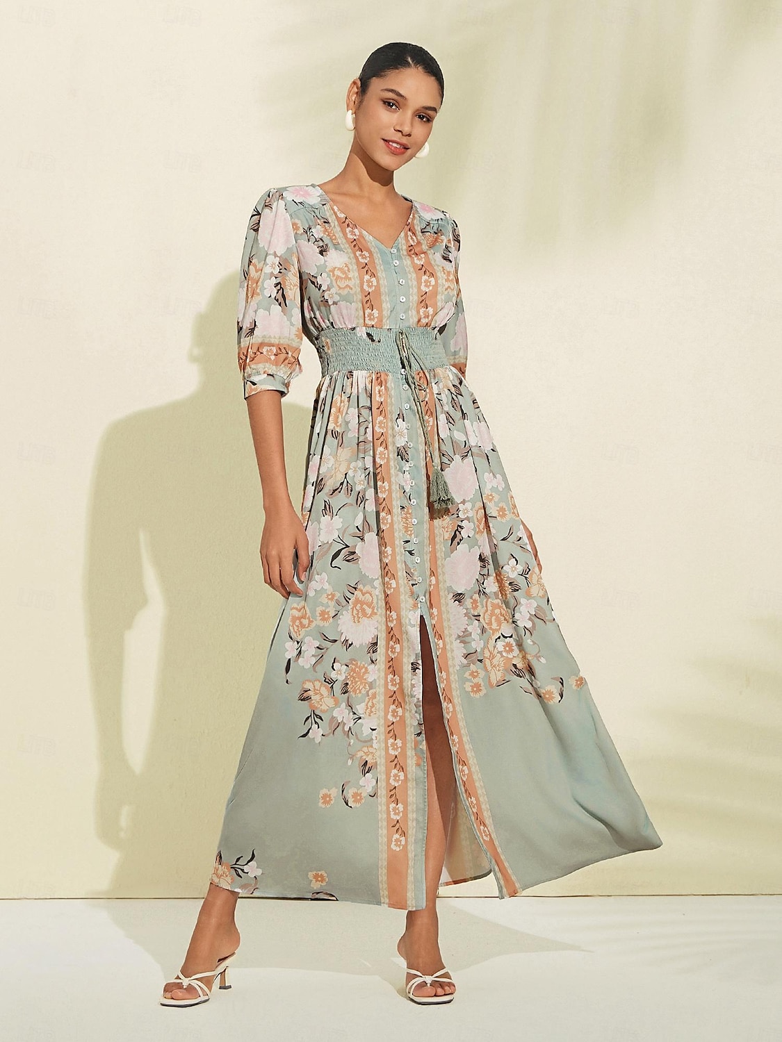Robe longue en satin vert à fleurs, col en V, manches bouffantes, pour invités de fête/mariage, pour impressionner 2024 de 2025 ? $108.99 –P2