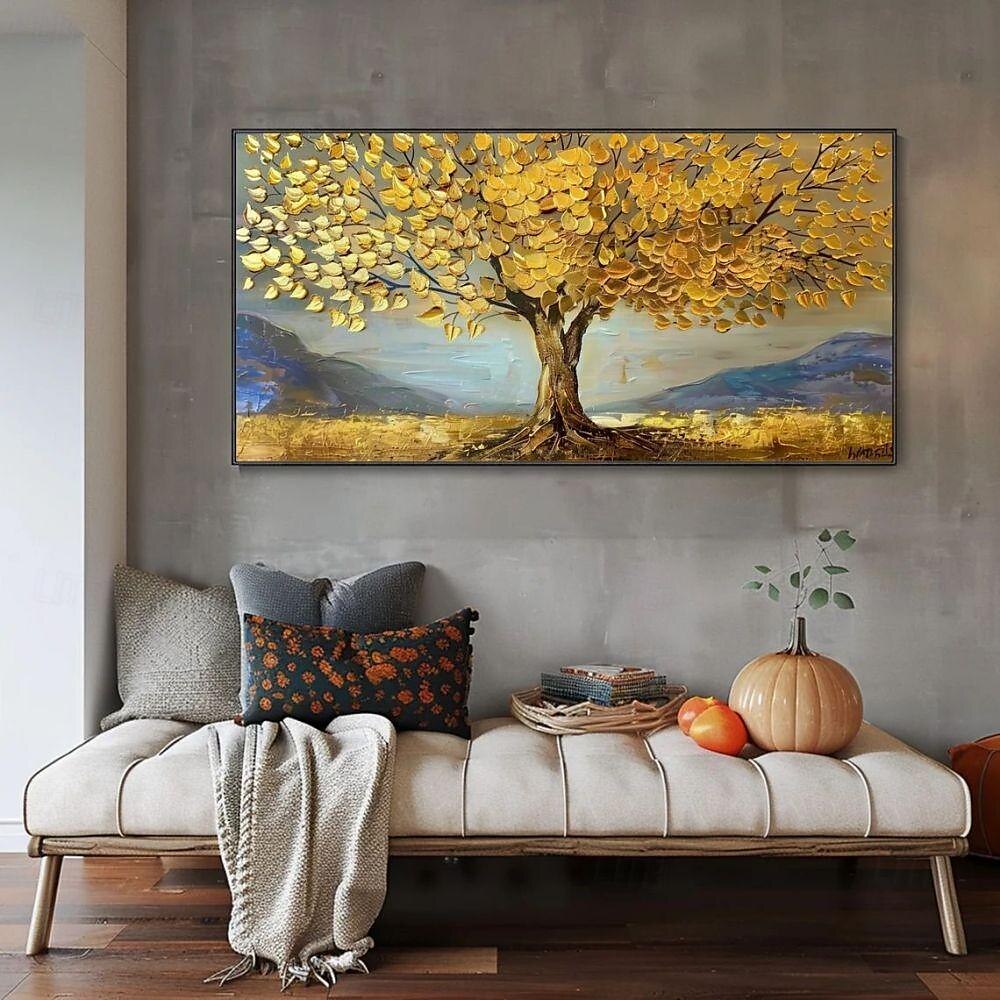handgemachtes Ölgemälde auf Leinwand, Wandkunst, Dekoration, goldene Baumlandschaft für die Inneneinrichtung, gerolltes, rahmenloses, ungedehntes Gemälde, goldene Baumlandschaft 2025 - $91.99 –P1