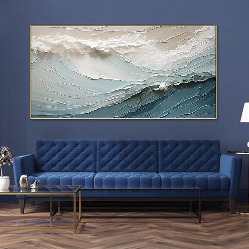 ručně malovaná 3D texturovaná malba na plátně ručně vyráběná modrý oceán olejomalba minimalistická malba mořskou vlnou malba wabi-sabi umělecká díla nástěnná malba morden umění ložnice nástěnná 2025 - $123.99 –P6