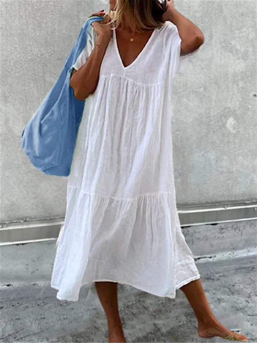 Pentru femei Rochie albă Rochie de in Rochie albă din bumbac Rochii Midi Zdrobit Casual Zilnic Vacanță În V Manșon scurt Vară Primăvară Negru Alb Simplu 2025 - $22.99 –P3