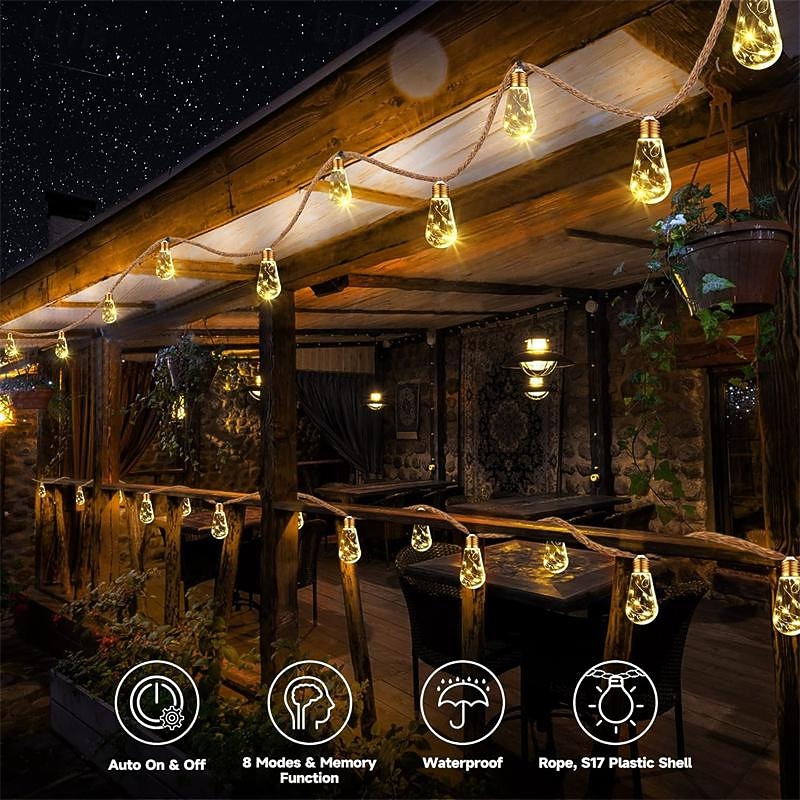 waterdichte henneptouw lichtsnoeren, 8m 160 led zonne-tuinverlichting voor kerstversiering 2026 - $71.99 –P1