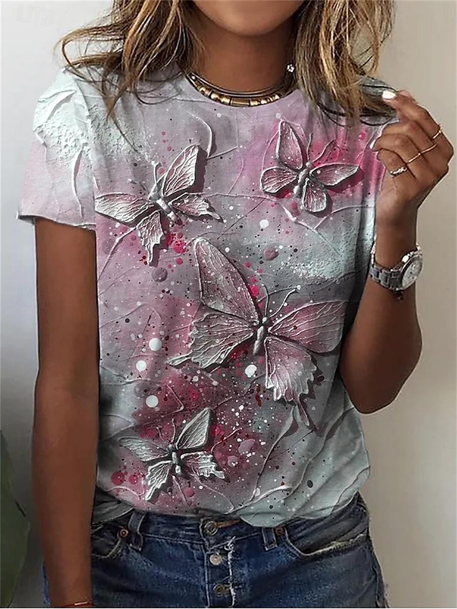 Women's T Shirt Butterfly Fashion Modern Short Sleeve Crew Neck Regular Tops Daily Print Yellow Pink Blue Sky Blue Summer 2025 - $21.99 –P2