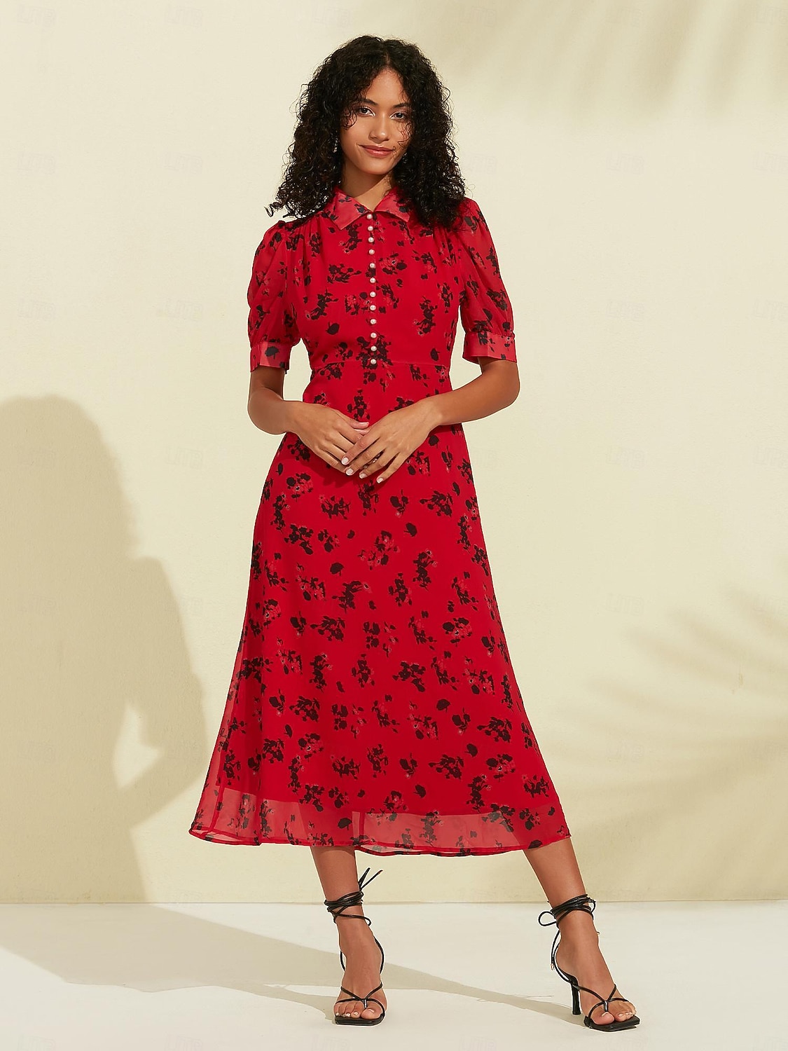 Abito midi in chiffon con maniche a sbuffo e stampa floreale del 2026 a $148.99 –P4