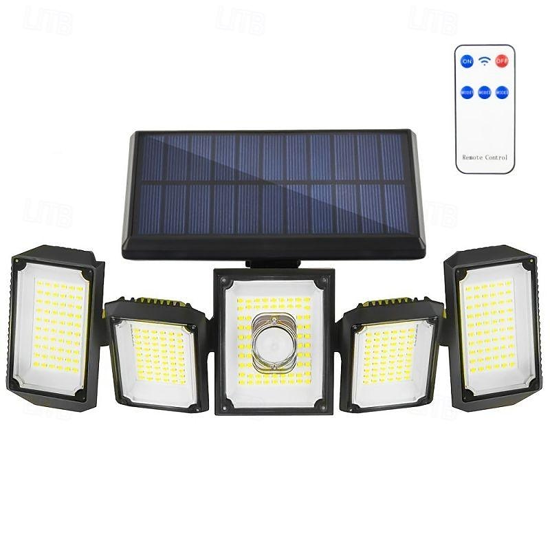 holofotes solares sensor de movimento externo 300 led 5 cabeças sensor de movimento movido a energia solar com controle remoto do anoitecer ao amanhecer 3 modos de iluminação de 2025 por $37.99 –P12