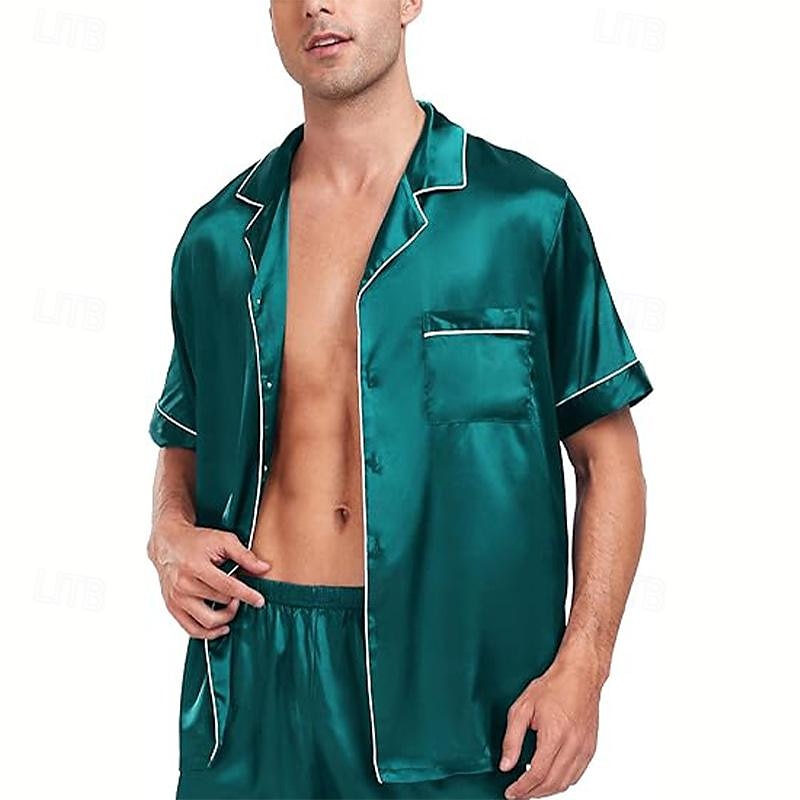Homens Roupa de Dormir Conjunto de Pijama Top e shorts de pijama 1conjunto Tecido Moda à moda Clássico Casa Diário De Cama Poliéster Conforto Respirável Macio Lapela Manga Curta Camisa Social Calção de 2025 por $9.59 –P12