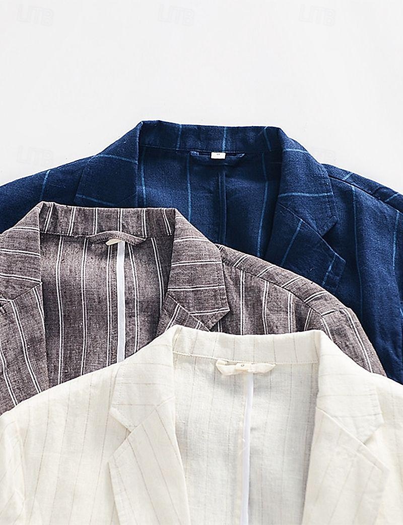 100% Linen Men's Linen Blazer Blazer Business Formal Evening Wedding Party Fashion Casual Spring & Fall Stripes Pocket Casual / Daily Single Breasted Blazer White Navy Blue Coffee 2025 - $42.99 –P8