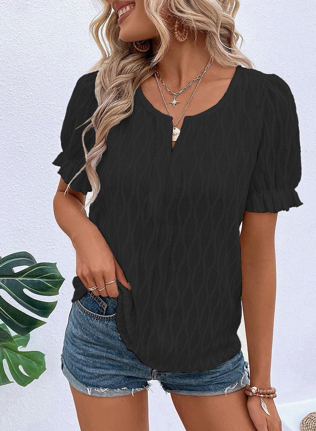 Per donna Camicia in pizzo Manica corta Girocollo Nero Bianco Blu Viola Estate del 2025 a $21.99 –P8