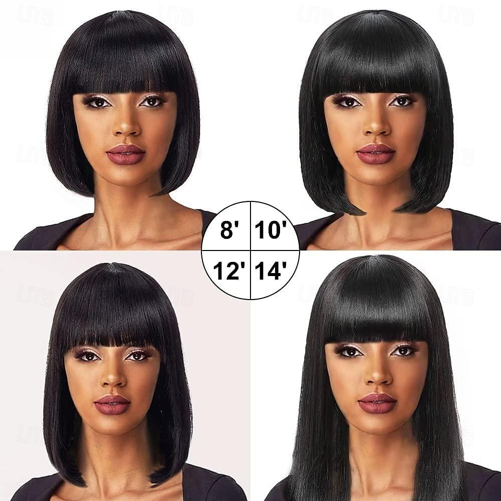 Remy mensenhaar Pruik Kort Recht Zijde Recht Bobkapsel Korte bob Strakke pony Met pony Natuurlijke Kleur Zacht Gemakkelijk aankleden Beste kwaliteit Machinegemaakt Braziliaans haar Dames Zwart 10 2025 - $78.99 –P8