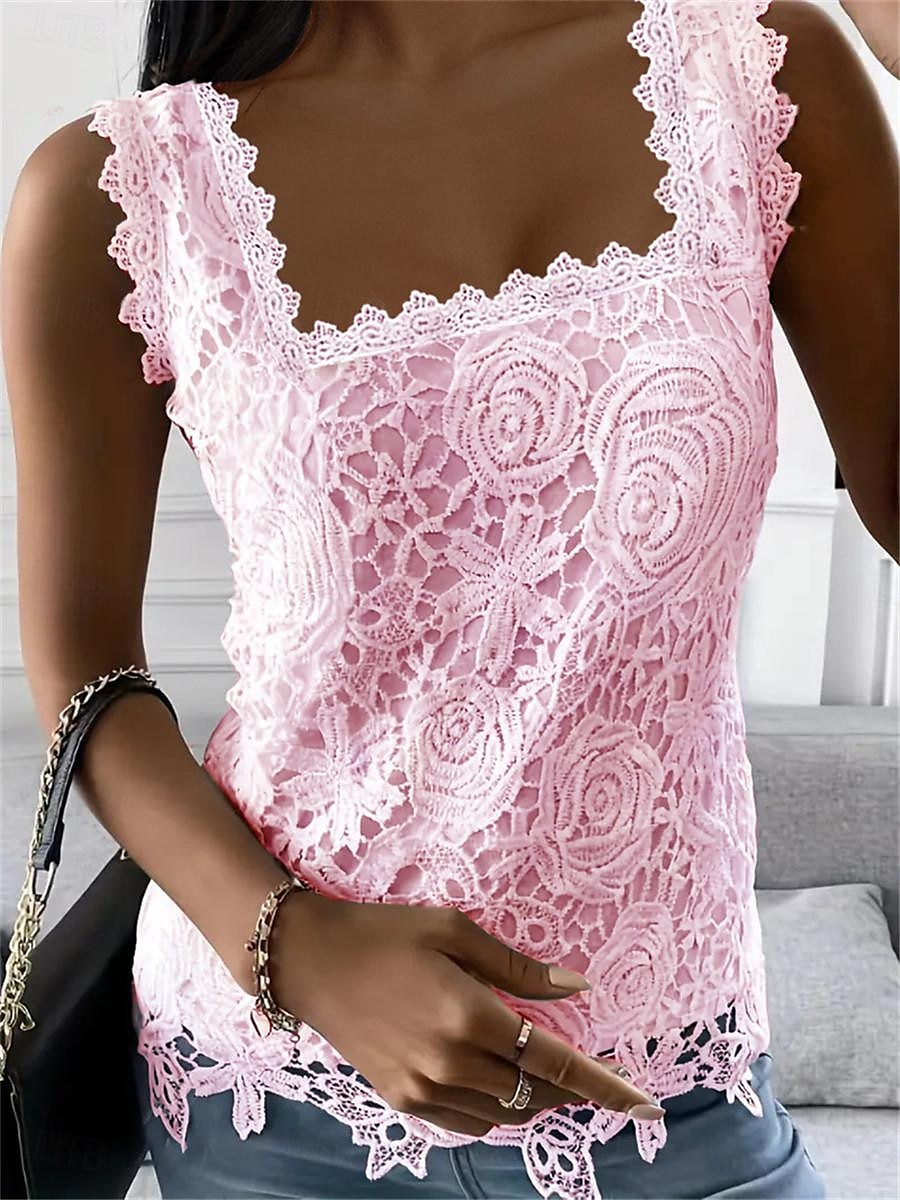 Bluse Eleganti in Pizzo Bianco per Donna con Occhielli Blusa Sexy Senza Maniche Florale Semi-Trasparente Collo Quadrato Bordo Scallop Fashion Slim Fit Top Petits Romantici da Indossare in Estate e del 2025 a $22.99 –P5