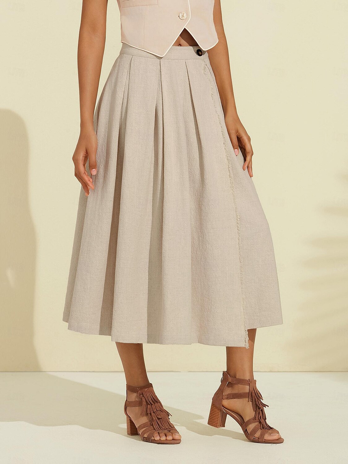 Women's Linen Blend Khaki Box Pleated Midi Skirt 2025 - $72.99 –P6