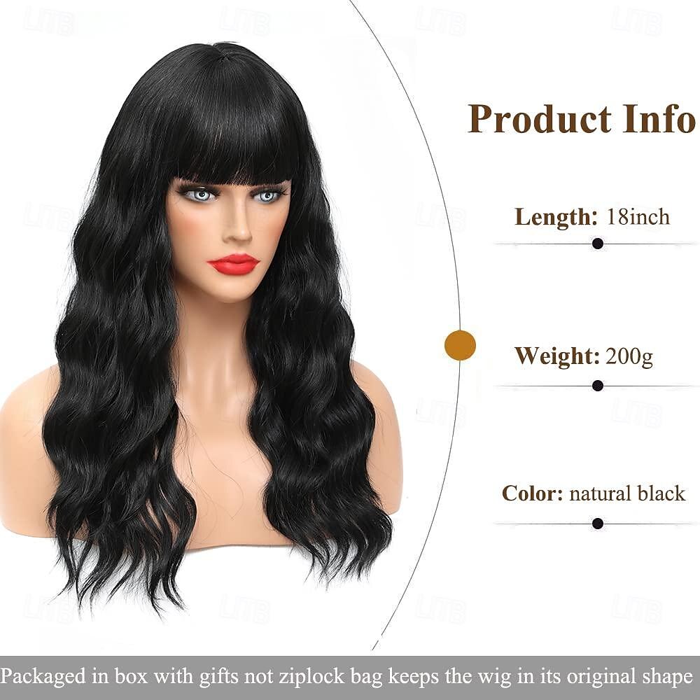 parrucche nere per le donne parrucche di capelli ricci ondulati lunghi da 18 pollici con frangia parrucche sintetiche di ricambio parrucca in fibra resistente al calore costume da festa del 2025 a $19.99 –P2