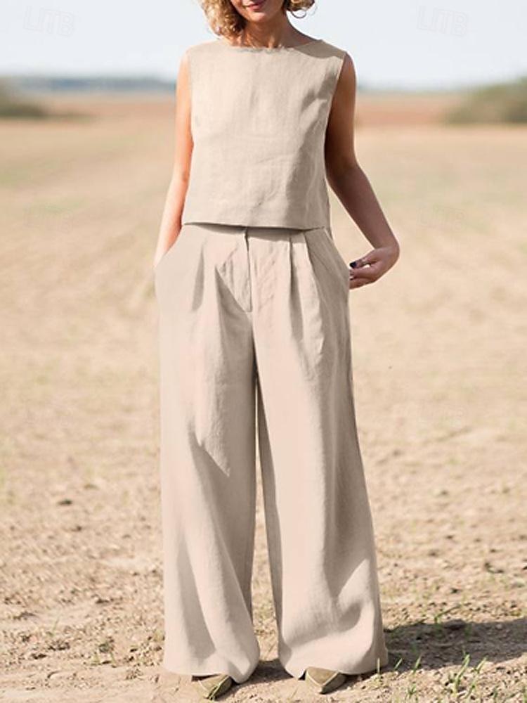 Tanktop Baumwoll-Leinen-Hemden Set Damen Armeegrün Marineblau Khaki Einfach 2 teilig Weites Bein Straße Täglich Mode Rundhals Normale Passform M 2025 - $35.99 –P1